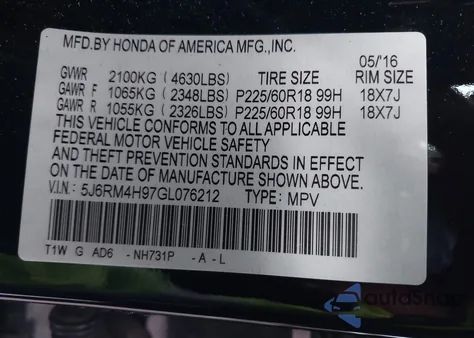 2016 Honda Cr-V Touring from USA, damaged, VIN 5J6RM4H97GL076212